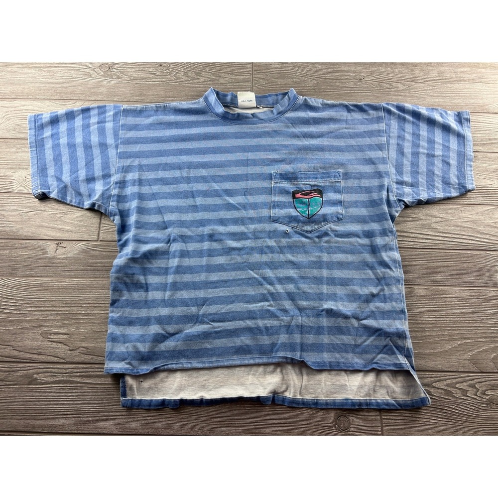 Vintage Quiksilver Striped Pocket T-Shirt Blue Gray USA Made Distressed Large